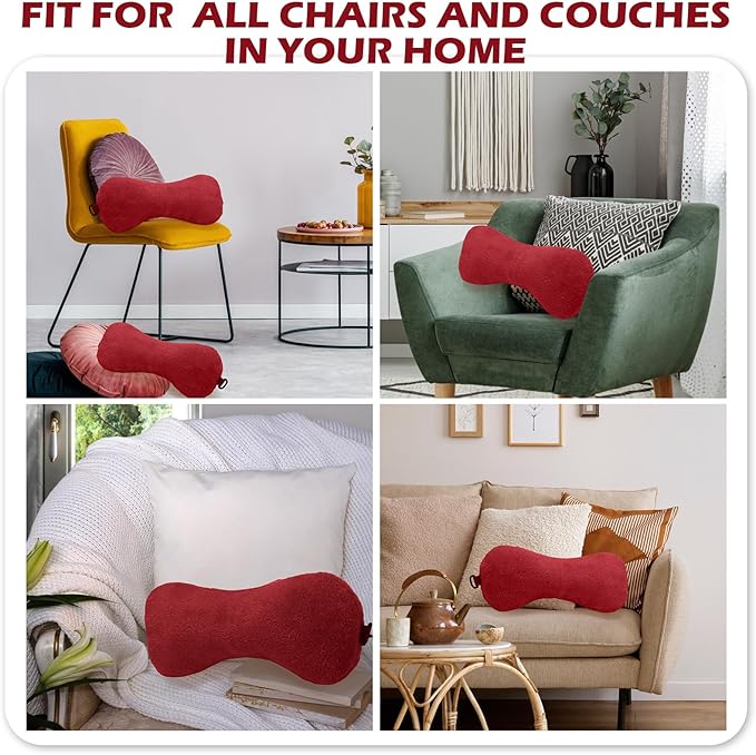 Colingmill 1 Pc Neck Pillow for Recliner Headrest Pillow Bone Shaped Chair Plush with Adjustable Strap Neck Support and Pain Relief Curve Head Cushion for Car Travel Airplane (Red)