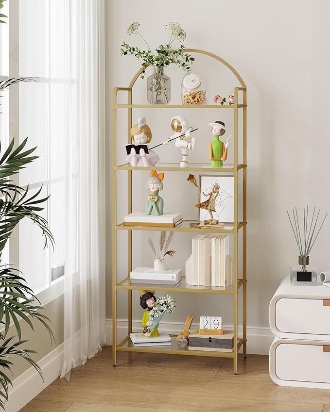 Hzuaneri Bookcase Bookshelf, Tempered Glass Bookshelves, Slim Shelving Unit for Bedroom, Bathroom, Home Office, Steel Frame, 5 Tier Gold BC21599G