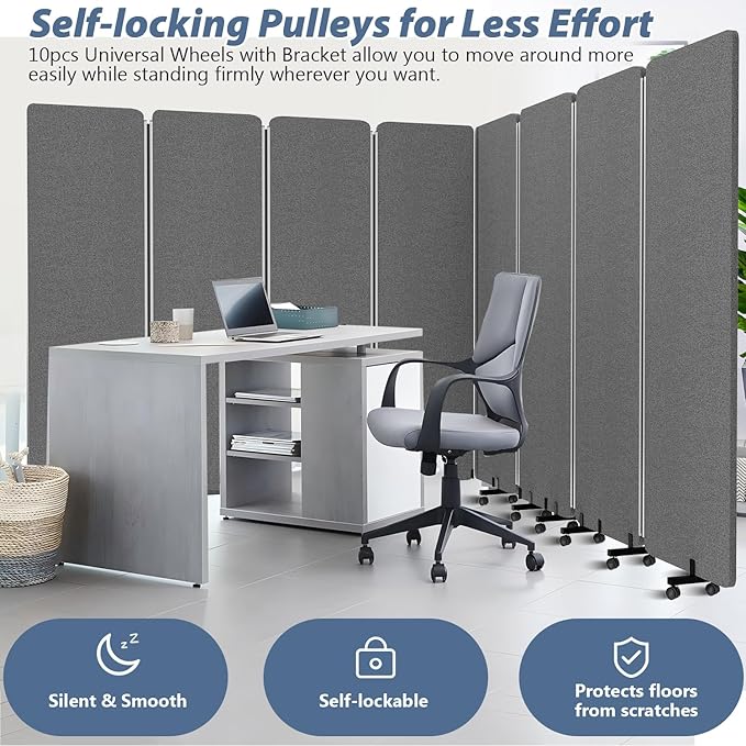 Room Divider Soundproof Privacy Panel with Wheels, 4 Panel Wall Divider (Aluminum Frame) for Room Partition, Folding Room Dividers Space Separation Office Cubicle Wall Divider Sound Proof Separator