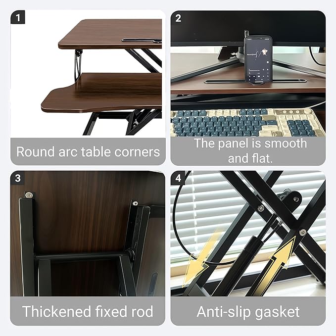 32 Inch Height Adjustable Stand Up Desk Riser, Heavy Duty Computer Workstation with Removable Keyboard Tray - Ergonomic Design for Home Office Workshop Gaming, Spacious Platform(Walnut)