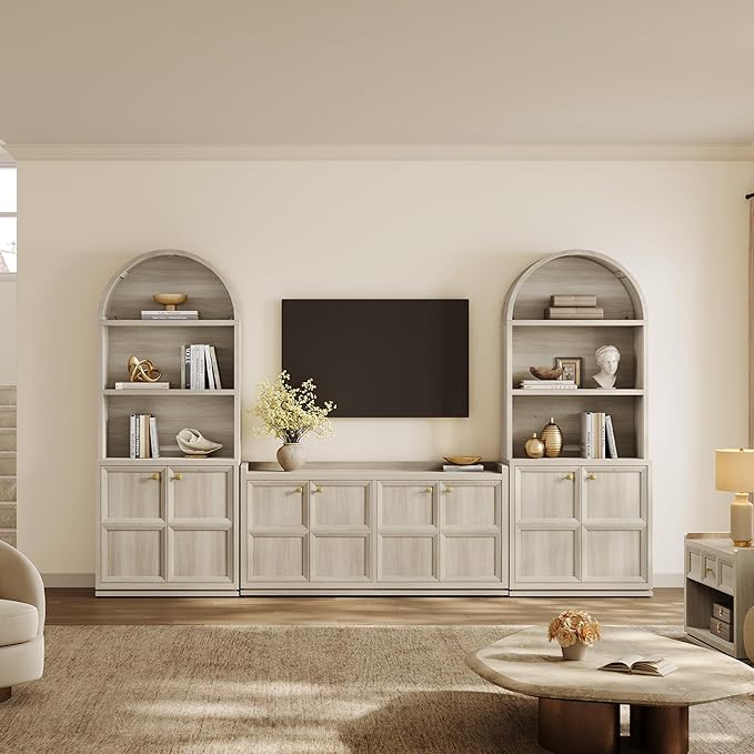 SICOTAS 81" Arched Bookcase, Large Book Shelf with Storage, Modern 5-Tier Arched Cabinet with Adjustable Shelves & Cable Management for Home Office Library Living Room Kitchen, Grey White Oak, 2 PCS