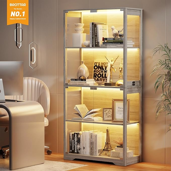 BROTTAR Display Cabinet with Glass Doors, 4-Tier Curio Cabinet with 3 Color Lights for Collectibles, Glass Display Case with Human Body Sensor, Bookcase with 4 Shelves, Storage Cabinets, Gray
