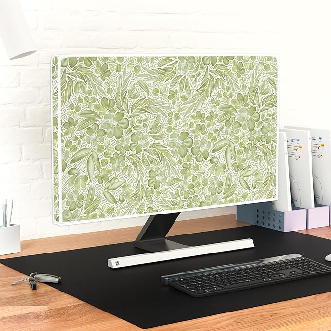 Sage Green Wildflower Waterproof Computer Monitor Covers 22, 23, 24, 25 Inch Vintage Aesthetic Floral Anti-Static Dustproof Protective Cover for LCD/LED/HD Full Body Cover for Computer Screen