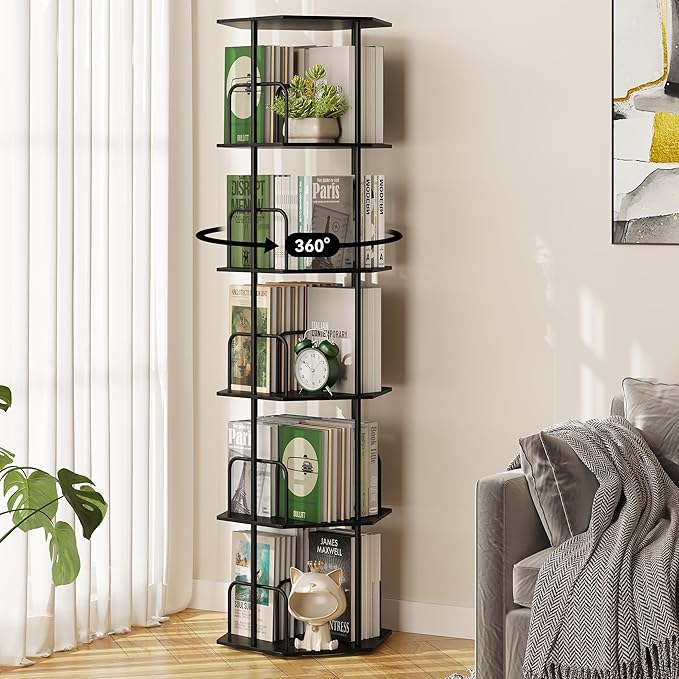 SUNMORY 5 Tier Rotating Bookshelf Tower, Revolving 360 ° Spinning Bookcase, Hexagonal Corner Book Shelf Storage Carousel, Vertical Rotate Turning Organizer Book Shelves for Living Room Office Bedroom