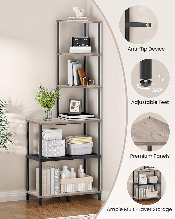 CHOEZON 6-Tier Corner Shelf, Industrial Corner Bookshelf with Desk Top, Diamond-Shaped Storage Shelves, Display Stand for Small Spaces, Living Room, Home Office, Foyer, Greige and Black TCJ70BG
