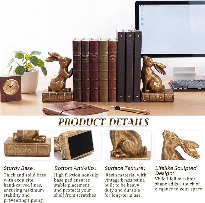 Tatuo 2 Pcs Decorative Rabbit Bookends for Shelves, Bunny Gift Book Ends for Heavy Books Animal Stopper Retriever Statues Bookends with Anti-Slip Base for Book Lover Home Bookshelf, Bronze
