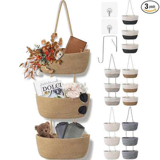 3 Tier Wall Mounted Woven Hanging Basket, Over the Door Hanging Basket with Hooks, Decorative Storage Hanging Closet Removable, Large Wall Basket for Living Room, Bedroom, Kitchen (Brown)