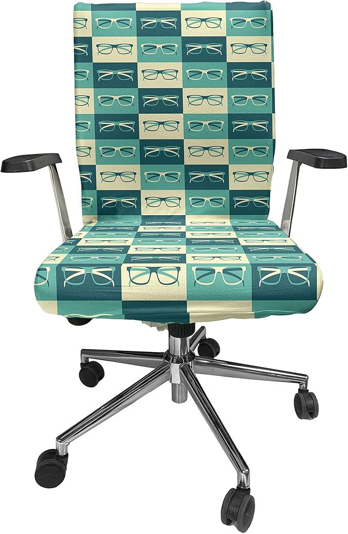 Ambesonne Indie Office Chair Cover, Pattern with Eyeglasses in Vintage Style Hipster Cool Design Modern, Stretchable Decorative Universal Size High Back Printed Slipcover, Green Blue