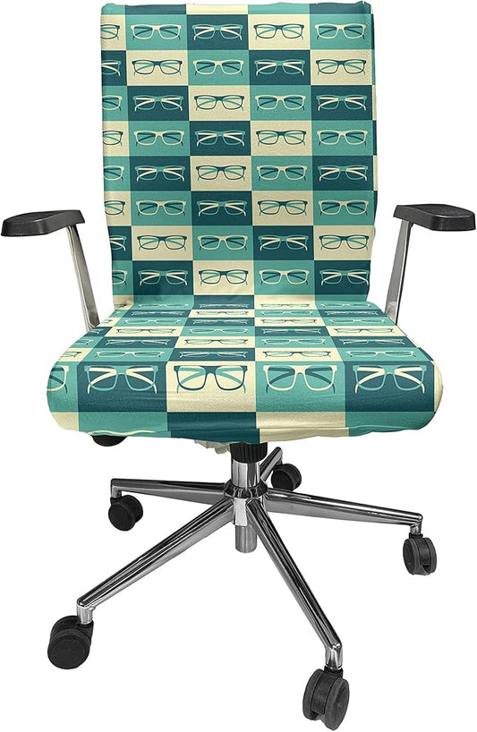 Ambesonne Indie Office Chair Cover, Pattern with Eyeglasses in Vintage Style Hipster Cool Design Modern, Stretchable Decorative Universal Size High Back Printed Slipcover, Green Blue