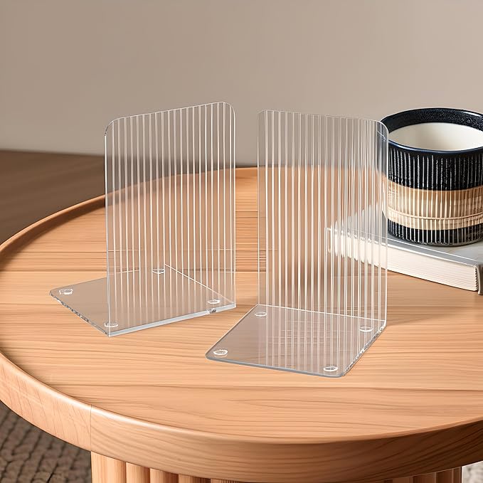 Book Ends for Shelves 8 Pcs Acrylic Bookends Clear Unique Rippled Pattern Book Holder Stand for Heavy Books Home Office School Organizer and Desktop Decorative