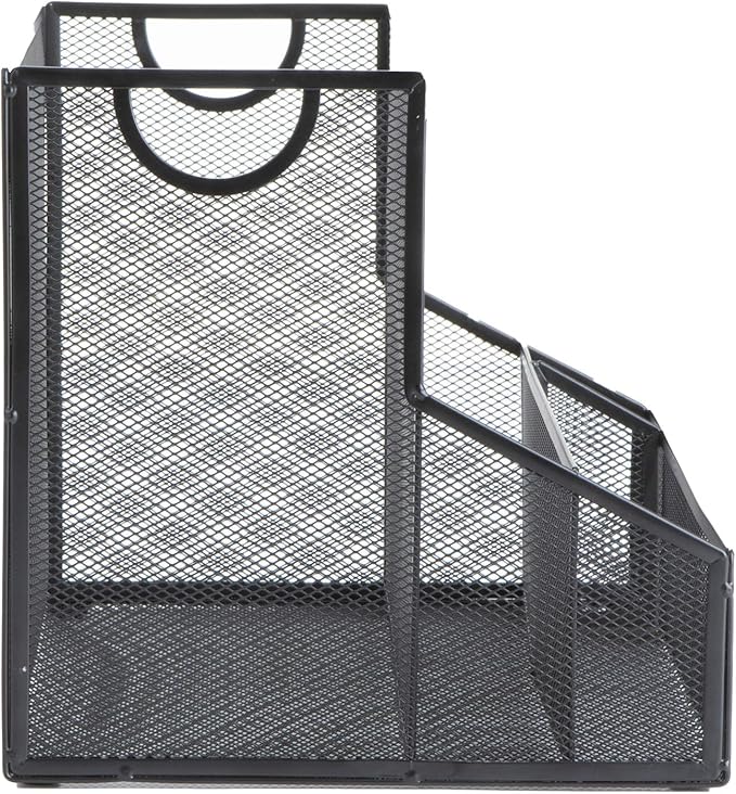 Mind Reader Desktop Organizer with Hanging File Storage, 4 Compartment Letter Size File Holder, Metal Mesh Desk Organizer for Office and Home, Black