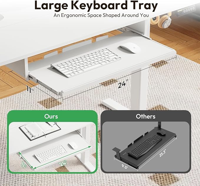 Electric Standing Desk with Keyboard Tray,55x24 inches Adjustable Height Stand Up Desk,3 Preset Heights,Equipped with Hooks,Raising Desks for Home Office and Computer Workstation,White