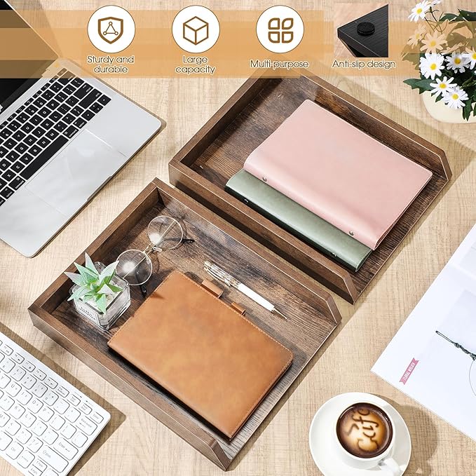 DoubleFill 4 Pcs Wooden Letter Trays Wood Letter-Size Desk Organizer Heavy Duty 2 Tier Stackable Supports Paper Tray Desktop Drawer Organizer File Folder Magazine Office Accessories (Dark Wood)