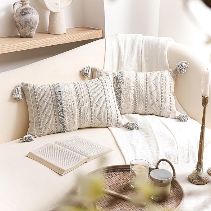 BlissBlush 12x20 Lumbar Pillow Cover, Cream Neutral Rectangular Decorative Cushion Cover with Gray Pattern, Boho Accent Pillowcase with Tassels for Couch Sofa Living Room (Cover Only)