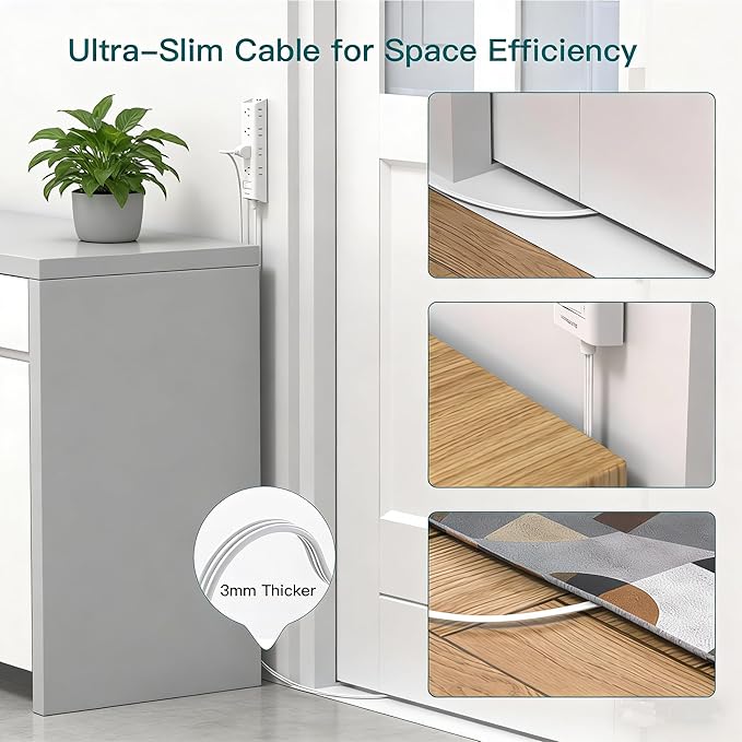 Addtam Flat Plug Extension Cord 10FT, Power Strip Surge Protector with 12 Outlets, 3-Side Wide Spaced Outlet Extender, Wall Mount Desk Charging Station for Home Office Dorm Room, White