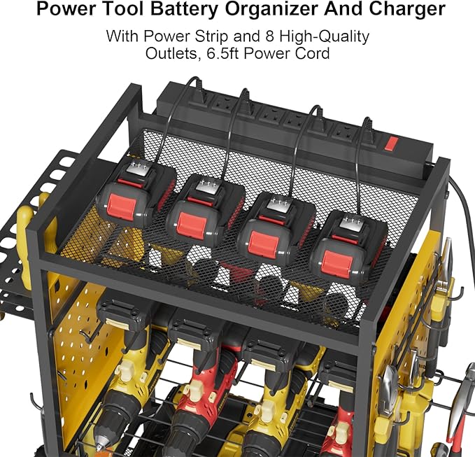 Power Tool Organizer Cart with Charging Station, Heavy Duty Garage Tool Organizer Rolling Tool Battery Storage with 8-Outlet Power Strip, 4 Wheels, 2 Hanging Baskets, 8 Hooks, Drill Bit Holder, Yellow