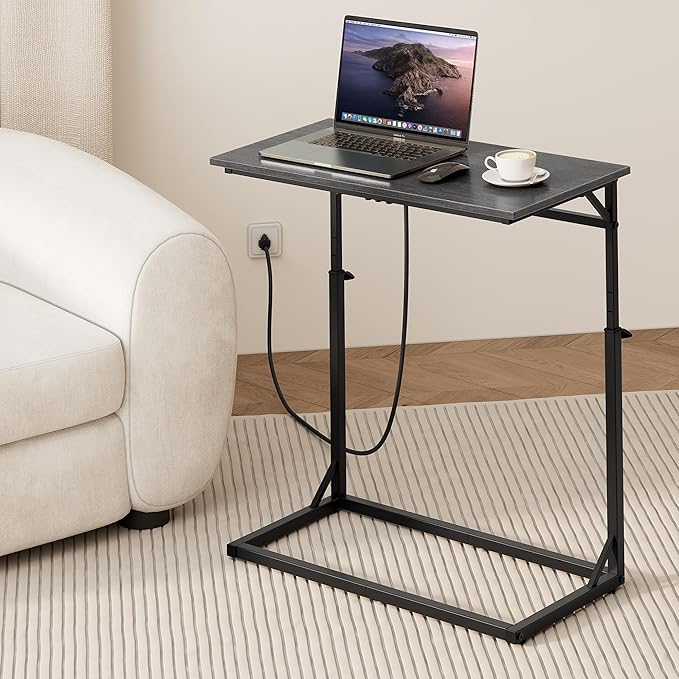 Vagusicc C Shaped End Table with Charging Station, Large C-Table End Table Adjustable Height Side Table for Couch, Sofa Table Slide Under Couch Table TV Tray Table for Living Room, Bedroom,Gray Walnut