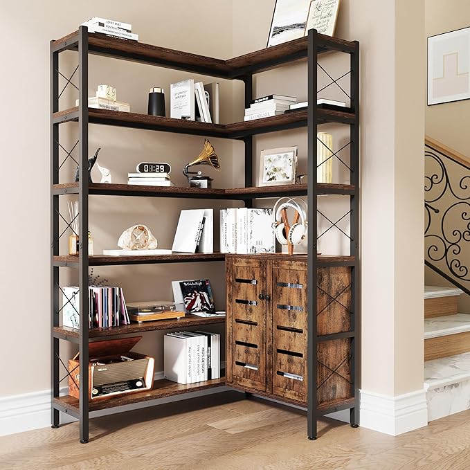 Wildhome 6-Shelf Corner Bookshelf, Vintage Industrial Corner Shelf Etagere Bookcase, Large Book Shelf with Metal Frame Open Storage Corner Cabinet (Brown-Lockers)