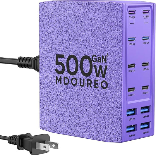 500W USB C Charger Block, 12-Port USB C Charging Station for Multiple Devices, Leather Texture Dual PD 65W Laptop Fast Charger Compatible with MacBook Pro/Air, iPad, iPhone,Galaxy and More,Purple