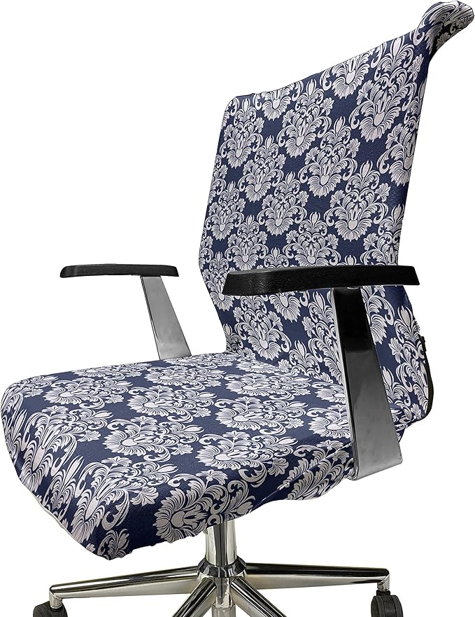 Ambesonne Damask Office Chair Cover, Abstract Floral Vintage Antique Victorian Design Renaissance Flourish Print, Stretchable Decorative Universal Size High Back Printed Slipcover, Dark Blue White