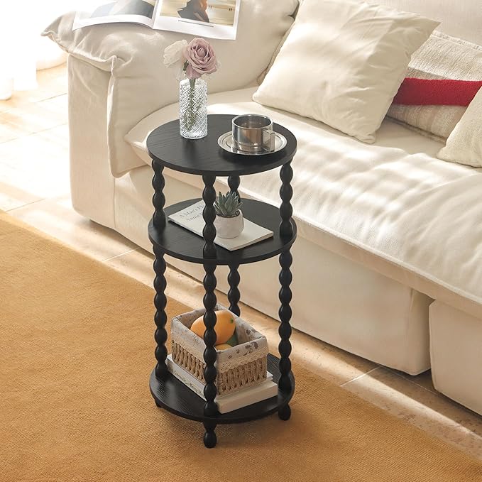 AWASEN Small Round Side Table, Black End Table with 3-Tier Open Shelf for Small Spaces, Round Bedside Table Nightstand for Bedroom, Living Room, Office, Black