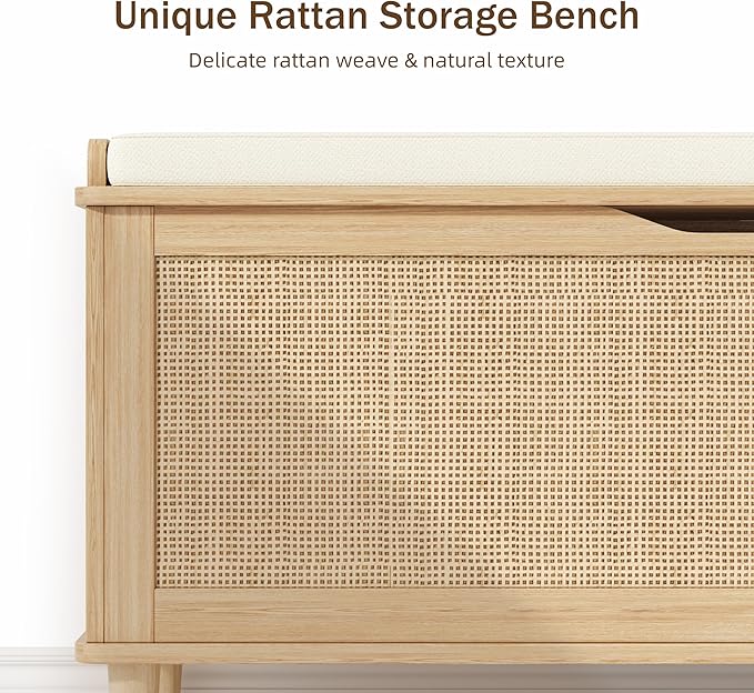 Keehusux 47.2" Extra Large Storage Bench with Cushion, Rattan Storage Chest with 2 Safety Hinges, Blanket Chest with Solid Wood Legs and Rounded Corners for Entryway, Bedroom, Living Room, Natural Oak