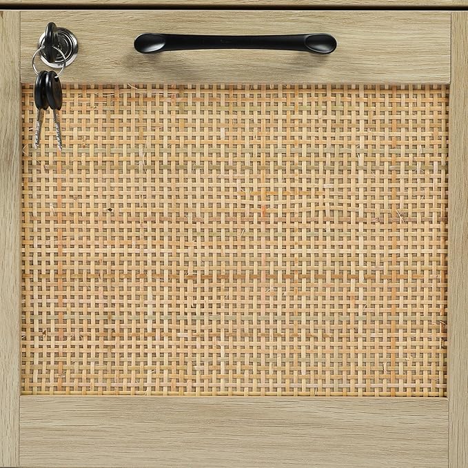 Lateral File Cabinets for Home Office, 3 Drawer and 2 Doors Filing Cabinet with Lock, Wide Rattan Filing Organization Cabinets with Printer Stand, Adjustable Storage Shelves/Hanging Bars, Natural Wood