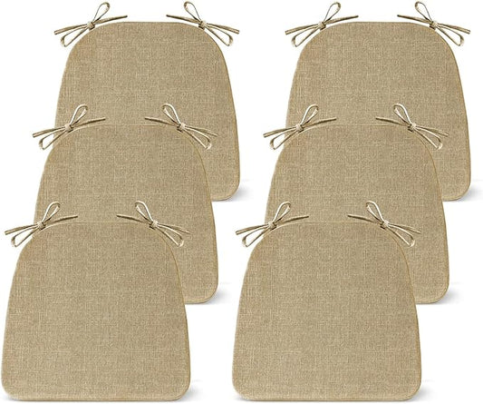 IASEAHK Chair Cushions for Dining Chairs Set of 6, Non Slip Kitchen Chair Pads, 17" x 16" x 2", Indoor Dining Chair Cushions with Ties, D-Shaped Seat Cushions for Kitchen Chairs, Khaki