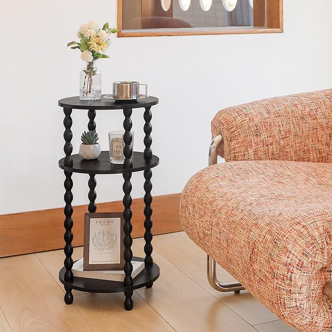 AWASEN Small Round Side Table, Black End Table with 3-Tier Open Shelf for Small Spaces, Round Bedside Table Nightstand for Bedroom, Living Room, Office, Black