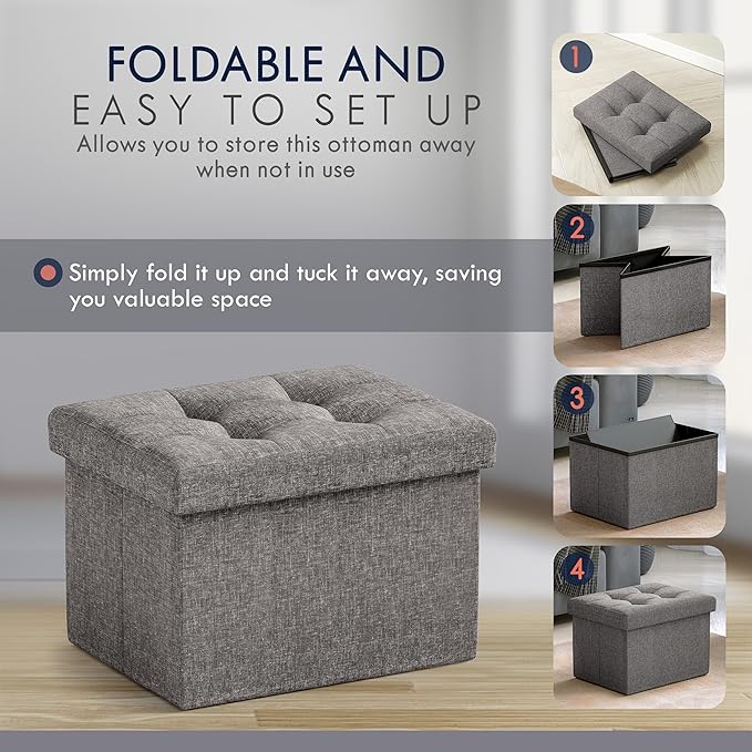 Ornavo Home Small Storage Ottoman, Set of 2, Foldable Collapsible Rectangle Linen Ottoman Foot Rest Stool Seat, for Living Room, Bedroom, Home Office, Dorm - 12 x 16 x 12, Dark Gray
