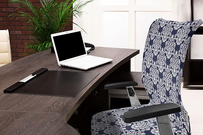 Ambesonne Damask Office Chair Cover, Abstract Floral Vintage Antique Victorian Design Renaissance Flourish Print, Stretchable Decorative Universal Size High Back Printed Slipcover, Dark Blue White