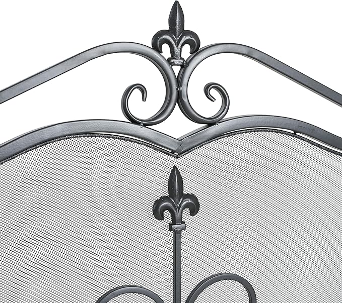 Christopher Knight Home Suho 3-Panel Iron Fireplace Screen, Foldable Fire Spark Guard with Wrought Metal Decorative Mesh, Arch Heavy Duty with Central Floral Pattern, 54" x 31.5", Black