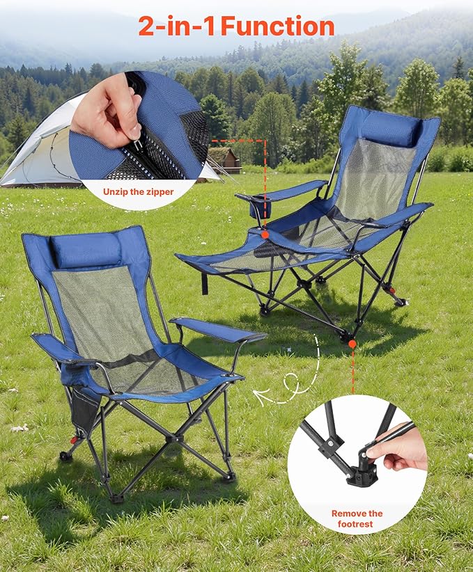 VEVOR 2-in-1 Reclining Camping Chair with Footrest for Adults, 4 Adjustable Positions, Portable Folding Lounger, Lightweight Mesh Beach Chair Supports 220lbs, Heavy Duty Camp Chairs Outdoor, Blue