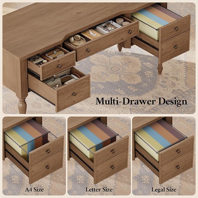 59in Wood Executive Desk with 4 Drawers, Farmhouse Home Office Desks with File Cabinet & Keyboard, Vintage Desk with Privacy Panel and Storage Shelf, Retro Desks for Working, Writing, Studying