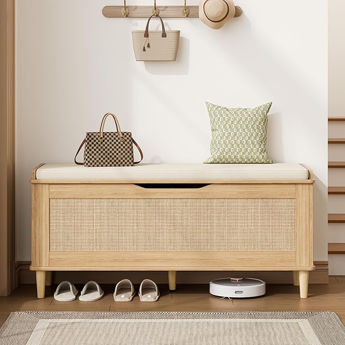Keehusux 47.2" Extra Large Storage Bench with Cushion, Rattan Storage Chest with 2 Safety Hinges, Blanket Chest with Solid Wood Legs and Rounded Corners for Entryway, Bedroom, Living Room, Natural Oak