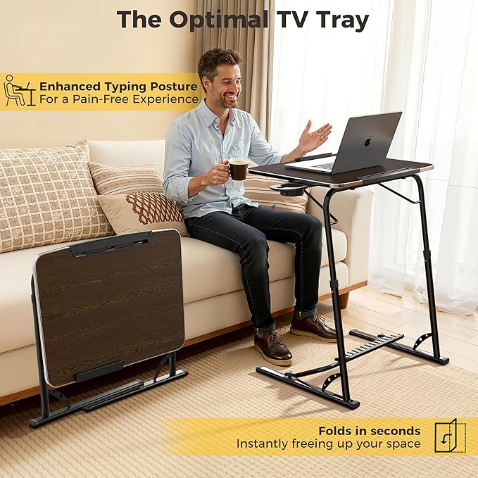FoldWise Upgraded Folding TV Tray Table - Extra Large & Sturdy Laptop Table for Couch, Height & Angle Adjustable Desk for Dinner, Work & TV - Includes Footrest, Cup Holder, iPad Holder & Edge Stopper