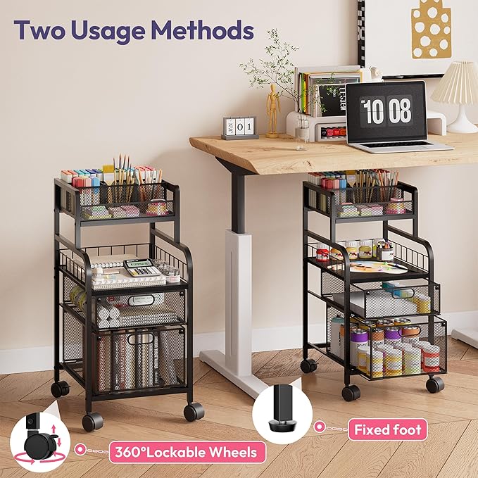 SWTYMIKI Rolling Cart with Drawers - Metal Utility Cart with Wood Shelf, DIY Divider and Locking Wheels, Craft & Art Cart Organizer for Under Desk Storage for Home Office Studio, Black