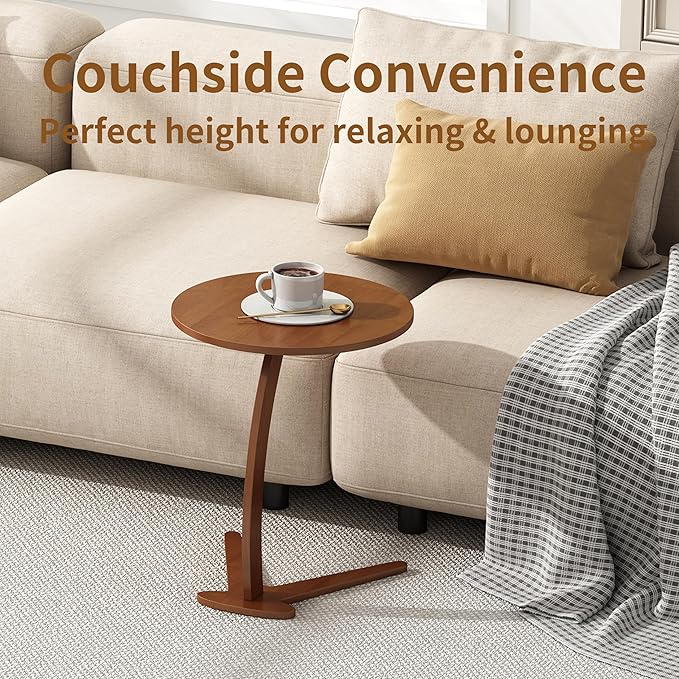 C Shaped End Table, Small Round Side Table for Couch, Slide Under Sofa Tray Desk for Living Room Bedroom, Solid Wood TV Tray Table for Narrow Space (17” Chestnut)