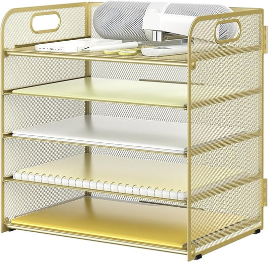 Sinboun Letter Tray Paper Organizer 5-Tier Desk Organizer File Organizer Paper Holder with Handle, Metal Desktop Document Shelf Tray Office Classroom Organization - Gold