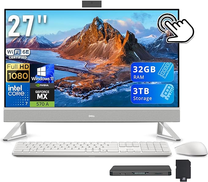 Dell 27" FHD Touchscreen All-in-One Desktop, Intel Core 7 150U, 32GB DDR5, 3TB Storage (2TB SSD+1TB Docking Station Set), NVIDIA GeForce MX570A, Webcam, Wireless Keyboard & Mouse, Windows 11, White