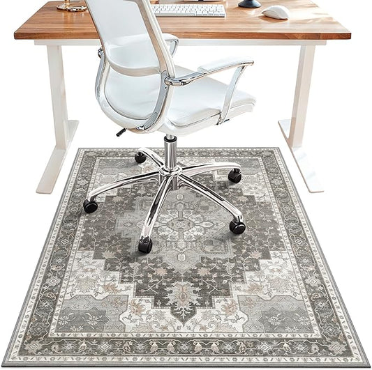 36"x60" Office Chair Mat for Hardwood Tile Floor, Under Desk Carpet Protector for Rolling Computer Chair Mat, Machine Washable Area Rug, Anti-Slip 1/5" Thick Low Pile Thin Vinyl Floor Mat, Tawny Grey