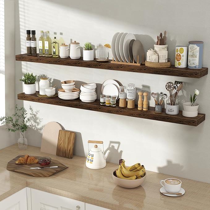 Acovy 55 Inch Floating Shelves for Wall 2 Pack, 55" Wall Shelves for Books, Storage, Decor, Wall Mounted Floating Shelf with Invisible Brackets for Kitchen, Living Room, Brown