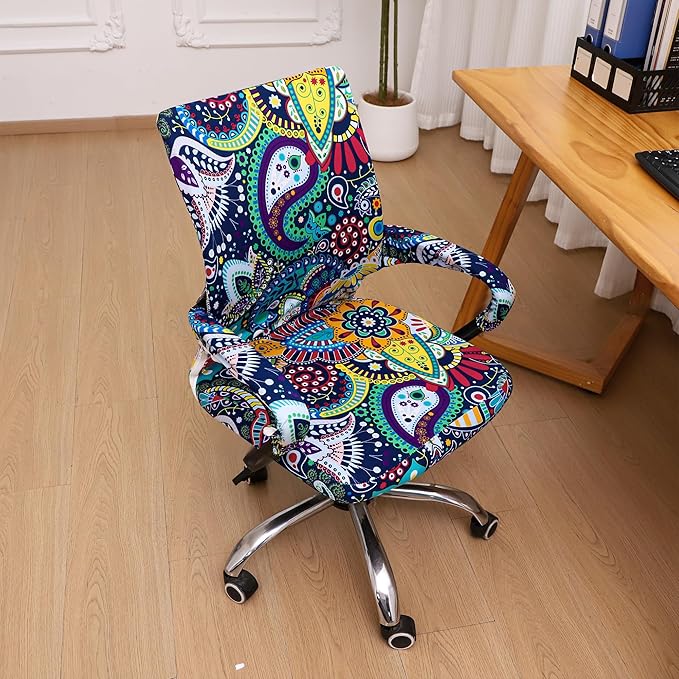 Waterproof Office Chair Cover with Armrest Cover 18Inch Wide Stretch Printed Boho Small Desk Computer Chair Covers with Long Zipper Arm Slipcovers Washable
