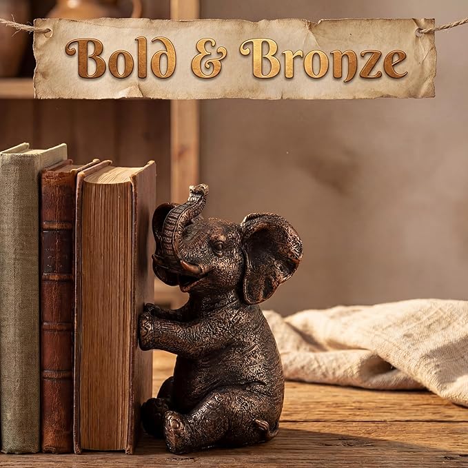 Elephant Bookends with Non-Slip Padding - Heavy Duty Book Ends for Shelves - Gold Decorative Bookend Unique - Vintage Animal Holders for Heavy Books - Living Room Bookshelf Decor - 4 x 4 x 7 Inches