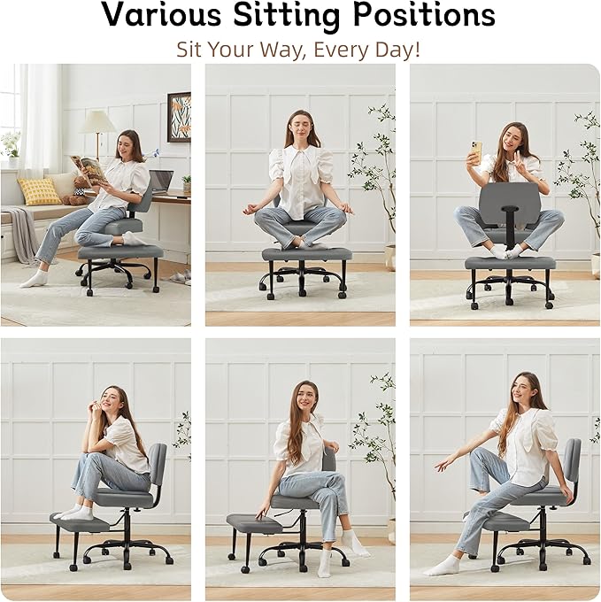 Ergonomic Criss Cross Legged Office Chair, ADHD Chair, 360° Swivel Meditation Kneeling Chair with Wheels, Adjustable Footrest, Bigger & Wider Height Adjustable Seat, Strong Lumbar Support, Grey PU
