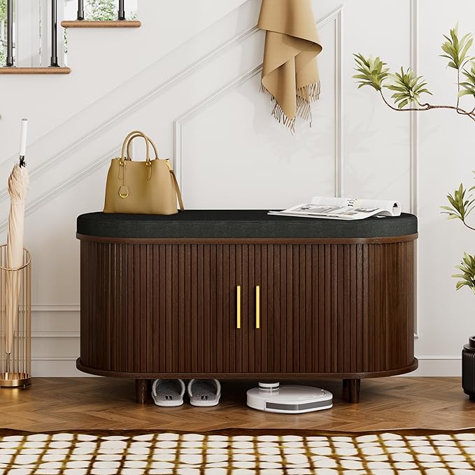 DHH 2-Tier Storage Bench,Wide Shoe Bench with Thickened Padded Seat Cushion, Mid Century Modern Fluted Sliding Door and Adjustable Shelf, for Entryway, Living Room, Bedroom (Walnut, 35.4“)
