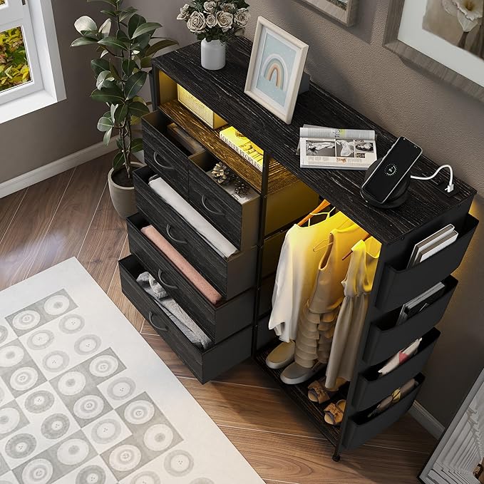 Espelism Dresser for Bedroom with Clothes Rack Side Pockets 5 Drawer Dresser with Charging Station LED Lights Black Storage Chest of Drawers for Nursery Hallway Closet Sturdy Steel Frame Wood Top