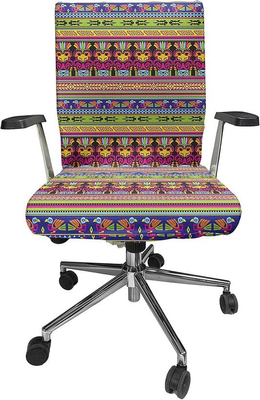 Ambesonne Prehistoric Office Chair Cover, Aztec Culture Pattern Borders Ornate Tribal Animal Print, Stretchable Decorative Universal Size High Back Printed Slipcover, Magenta Yellow