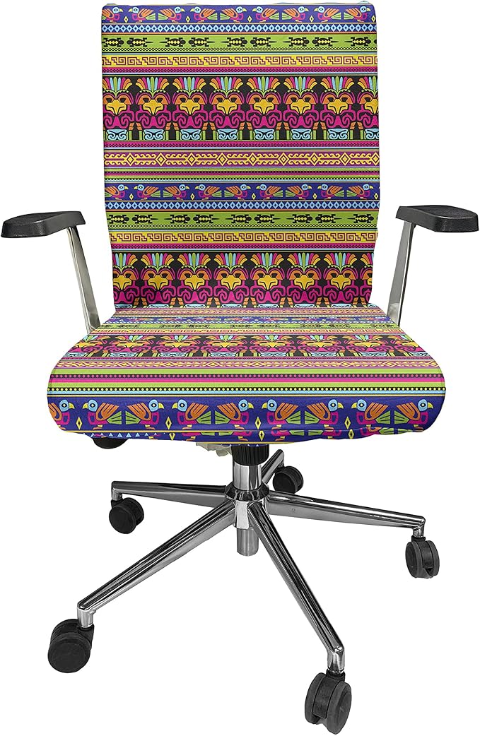 Ambesonne Prehistoric Office Chair Cover, Aztec Culture Pattern Borders Ornate Tribal Animal Print, Stretchable Decorative Universal Size High Back Printed Slipcover, Magenta Yellow