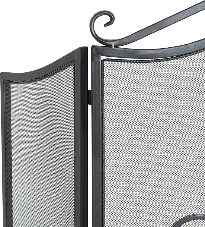 Christopher Knight Home Suho 3-Panel Iron Fireplace Screen, Foldable Fire Spark Guard with Wrought Metal Decorative Mesh, Arch Heavy Duty with Central Floral Pattern, 54" x 31.5", Black